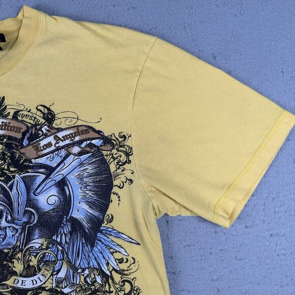 Vtg‎ Y2K Bugle Boy T-Shirt Men’s Large Yellow Skull Gothic Armor Tattoo Print - Picture 3 of 16